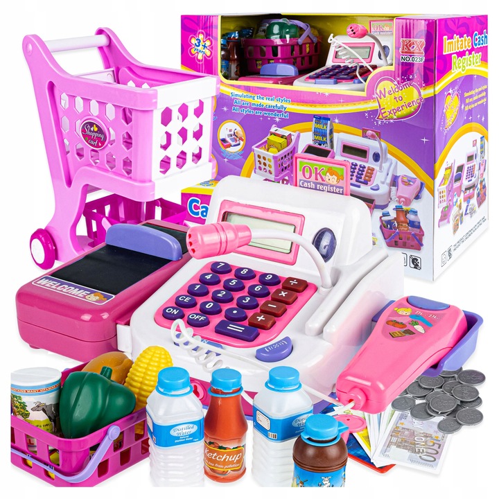 DUŻA INTERAKTYWNA KASA FISKALNA DLA DZIECI KOSZYK WÓZEK + AKCESORIA