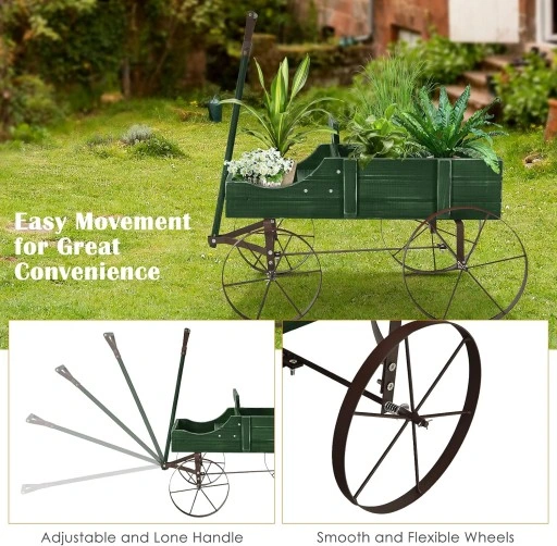 Wózek na kwiaty z metalowymi pojemnikami na zewnątrz regału na doniczki