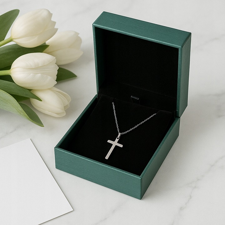 SREBRNY ŁAŃCUSZEK Z KRZYŻYKIEM POLEROWANA STAL CHIRURGICZNA + SZKATUŁKA