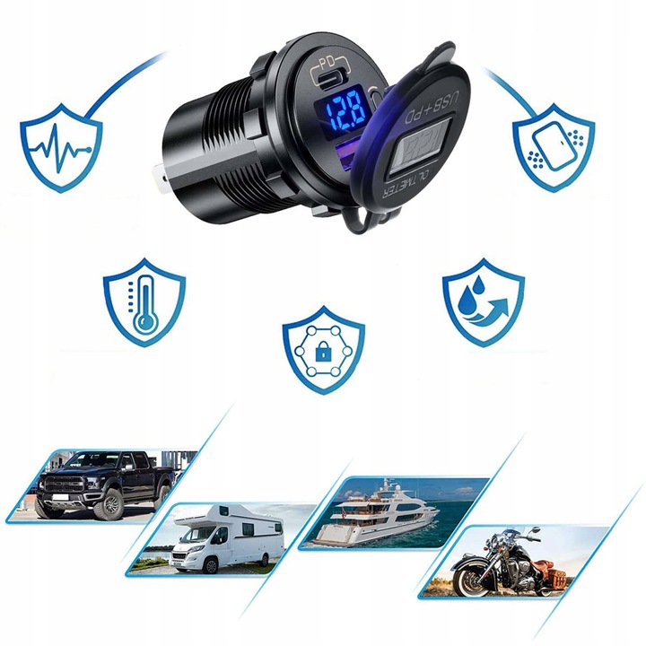 Ładowarka samochodowa USB QC 3.0 USB-C C PD gniazdo zapalniczki Woltomierz