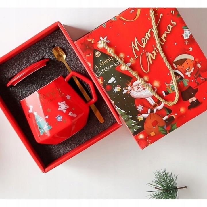 KUBEK ŚWIĄTECZNY - zestaw z pokrywką i łyżeczką 250 ml, Czerwony