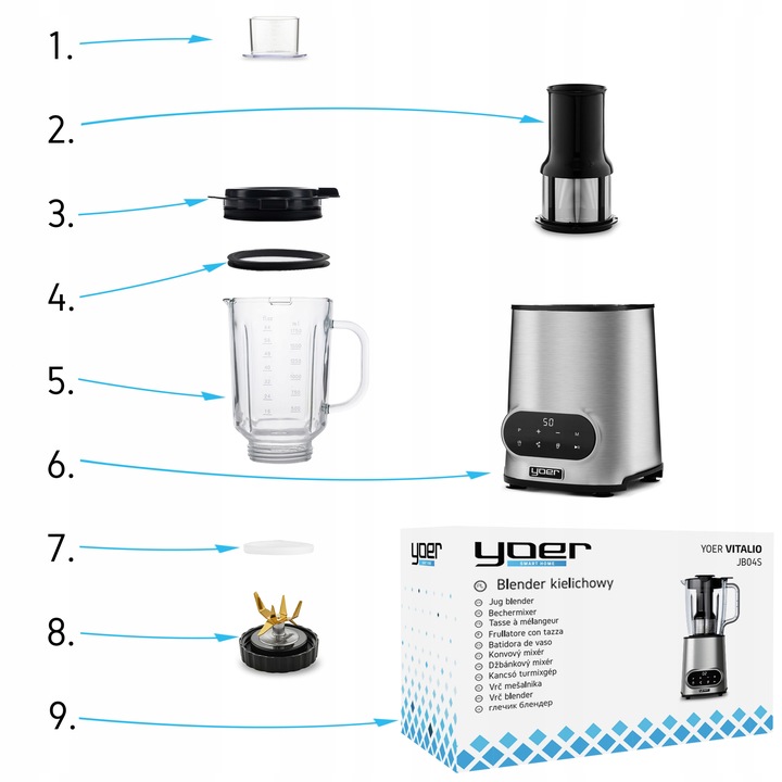 Blender kielichowy Automatyczny Tritan Yoer INOX 2,4L 2200W +Sito do soku