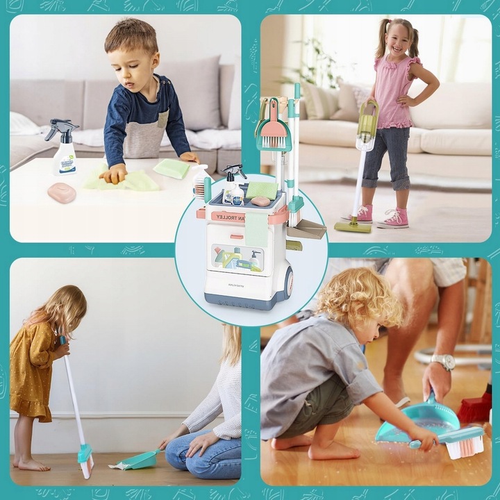 Zestaw do sprzątania dla dzieci odkurzacz wózek mop wiaderko akcesoria 20w1