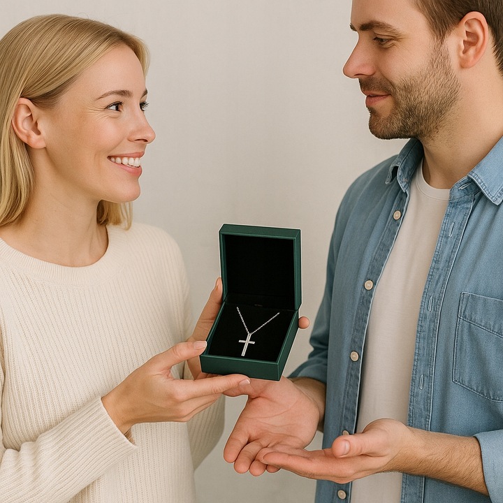 SREBRNY ŁAŃCUSZEK Z KRZYŻYKIEM POLEROWANA STAL CHIRURGICZNA + SZKATUŁKA