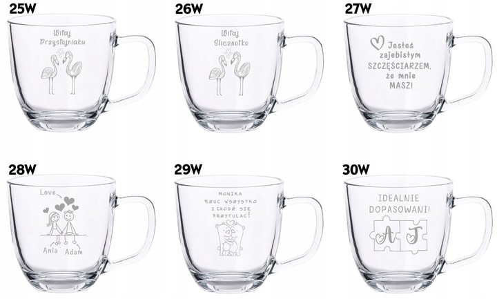 2 Duże Szklane Kubki Grawer LOGO 420ml Prezent dla pary Walentynki WZORY