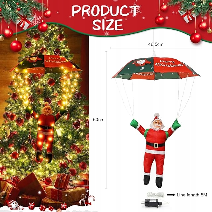 Mikołaj Ze Spadochronem LED 60cm Ozdoba Świąteczna 8 Trybów Dekoracja