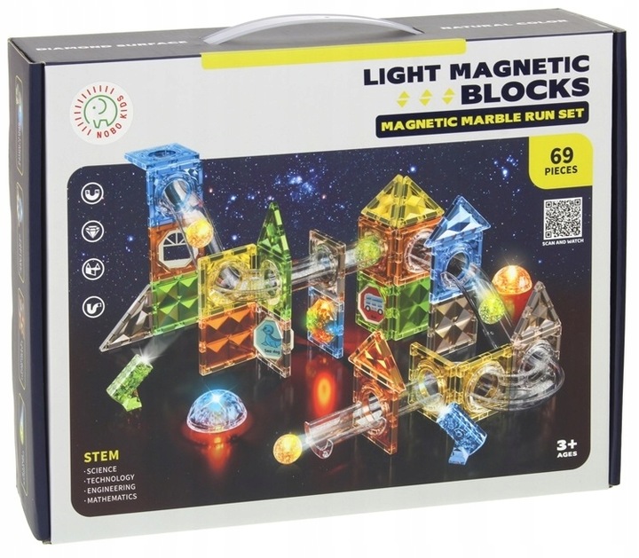 Klocki Magnetyczne Konstrukcyjne Świecące Tor Kulkowy Kulodrom Panele 69 el