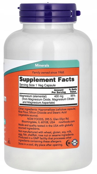 NOW Foods | tlenk + cytrynian + asparaginian MAGNEZU | 400 mg | 180 kaps.