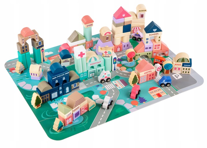 DREWNIANE KLOCKI ZESTAW DROGA MIASTO 115 ELEMENTÓW MATA POJAZDY AKCESORIA