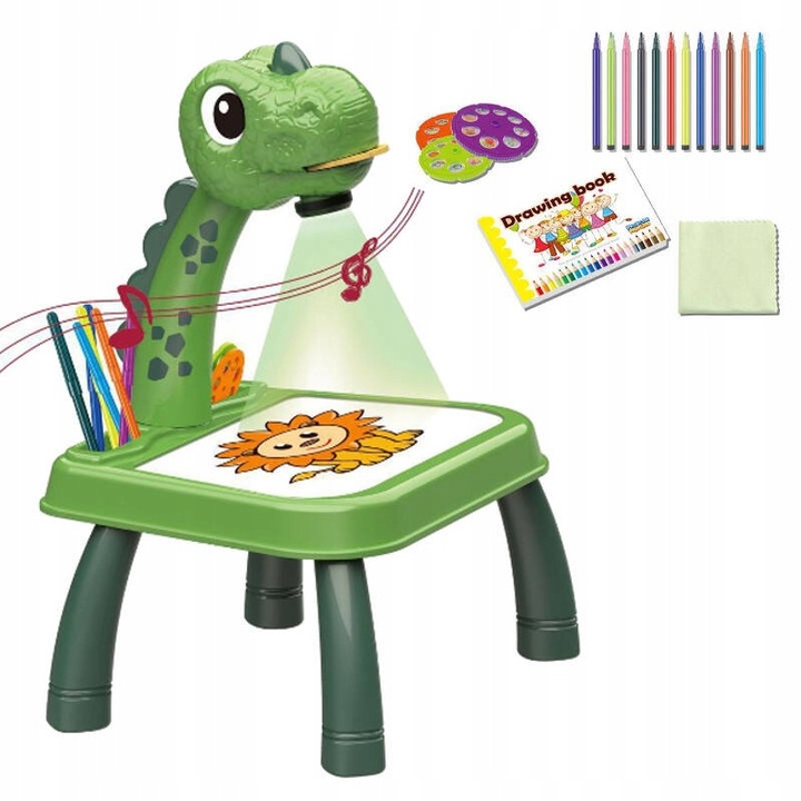 STOLIK DO NAUKI RYSOWANIA DINO TABLICA PROJEKTOR 24 wzory 12 pisaków