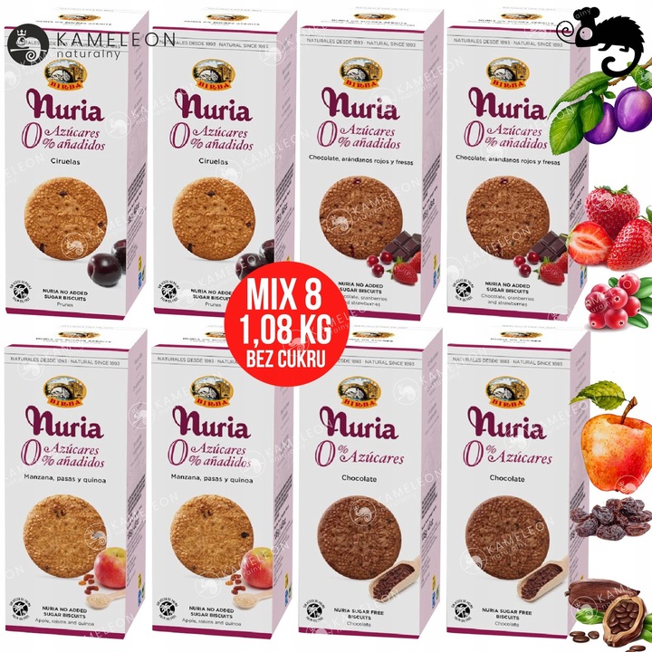 BIRBA Nuria CIASTKA HERBATNIKI PRZEKĄSKA mix SMAKÓW BEZ CUKRU 135gx8 1,08KG