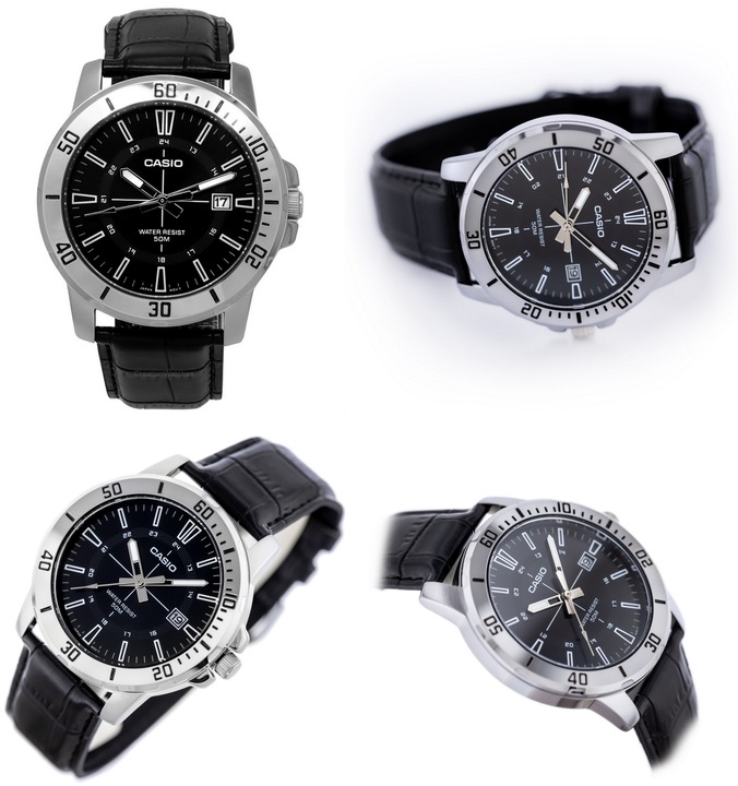 ZEGAREK MĘSKI CASIO MTP-VD01 skórzany datownik czarny + BOX +GRAWER