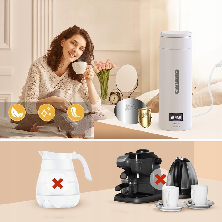 PODRÓŻNY MAŁY CZAJNIK ELEKTRYCZNY Z REGULACJĄ TEMPERATURY, KUBEK PODRÓŻNY