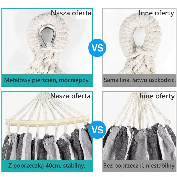 HAMAK OGRODOWY XXL BRAZYLIJSKI dwuosobowy WZMOCNIONY DRĄŻEK 260 x 155 cm