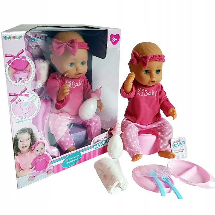 LALKA SIKAJĄCA BOBAS 43cm NEW BORN Bobasek BUTELKA NOCNIK pielucha