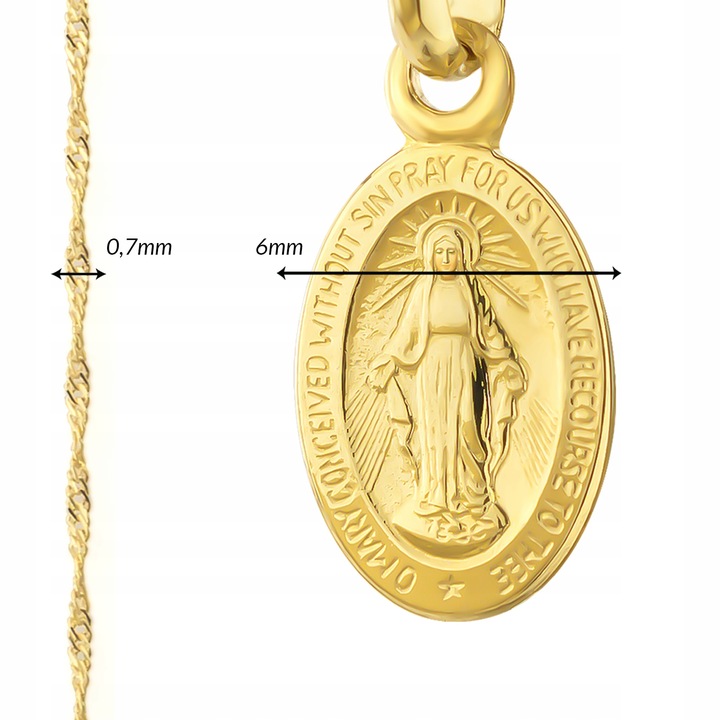 Złoty Medalik z Łańcuszkiem Matka Boska pr. 585 na Pamiątkę Chrztu Świętego