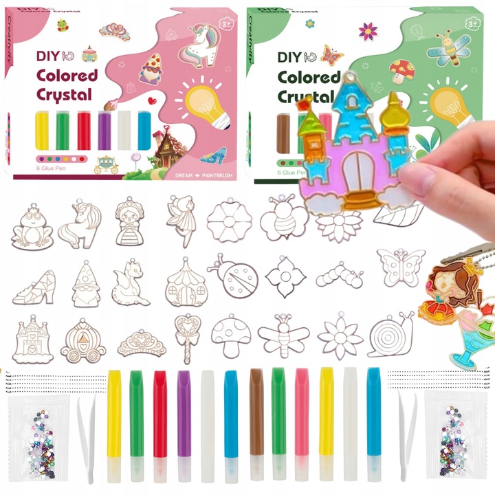 ZESTAW DO ROBIENIA BRELOCZKÓW dla dzieci DIY breloczki 12 szablonów 12 farb