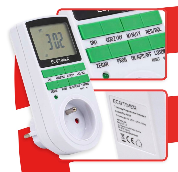Gniazdko programowalne czasowe sterowanie 7 dni EC-PR07 PROGRAMATOR