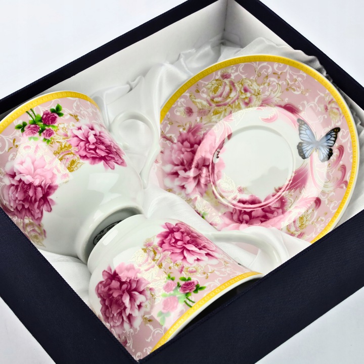 2x FILIŻANKA ZE SPODKIEM KWIATY 250ml do KAWY HERBATY FILIŻANKI DO ESPRESSO