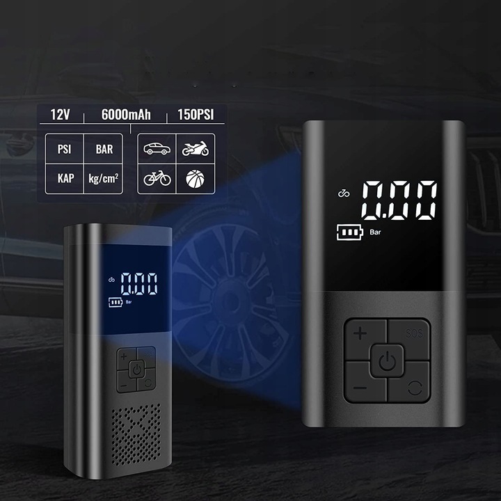 KOMPRESOR SAMOCHODOWY POMPKA DO ROWERU AKUMULATOR 6000 MAH
