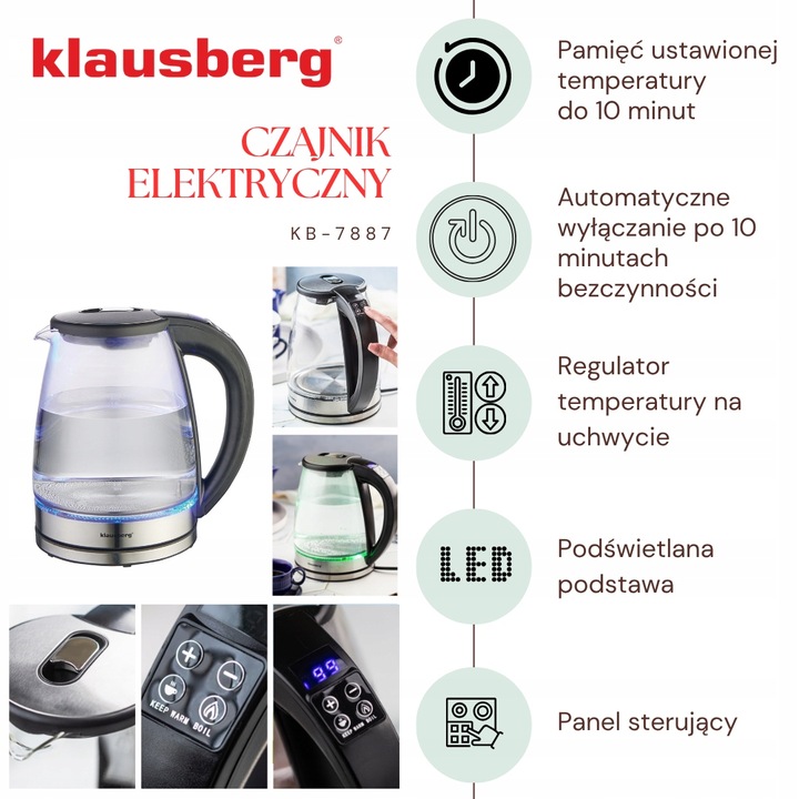 Czajnik elektryczny szklany Regulacja Temp. Klausberg KB-7887 1.8L LED LCD