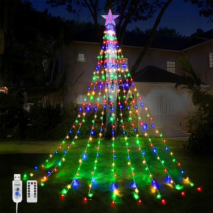 LAMPKI CHOINKOWE WODOSPAD 198 LED GWIAZDA 2M 9 PASM KOLOR PILOT 8 MOD