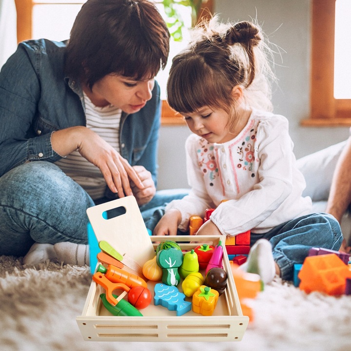 DREWNIANE WARZYWA I OWOCE NA MAGNES ZESTAW DO KROJENIA ZABAWKA EDUKACYJNA