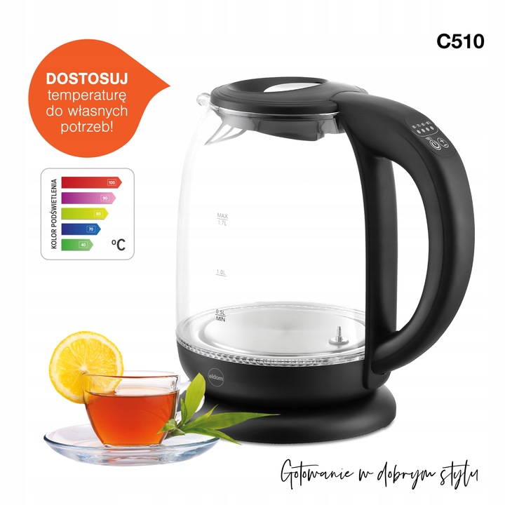 Czajnik elektryczny Eldom C510C 2200 W 1,7 l czarny szklany, NOWOCZESNY!