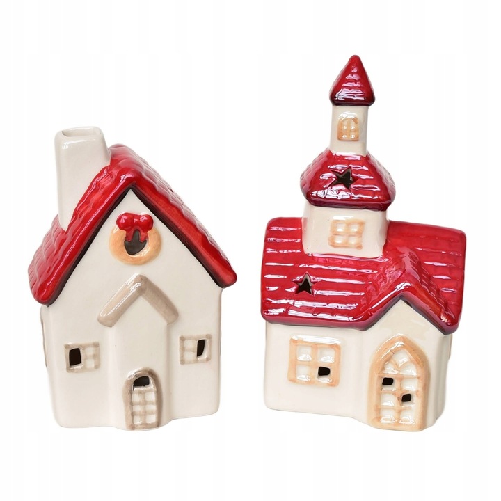 Kościół 16 cm i domek 13 cm ceramiczny z oświetleniem LED, zestaw 2 szt.