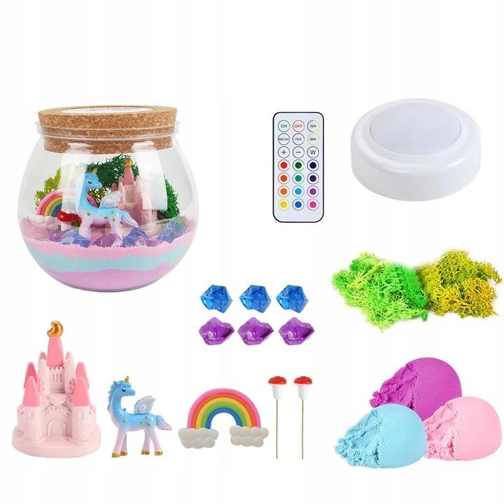 ZESTAW KREATYWNY JEDNOROŻEC MAGICZNE TERRARIUM AKWA DIY LAMPKA LED KRYSZTAŁ