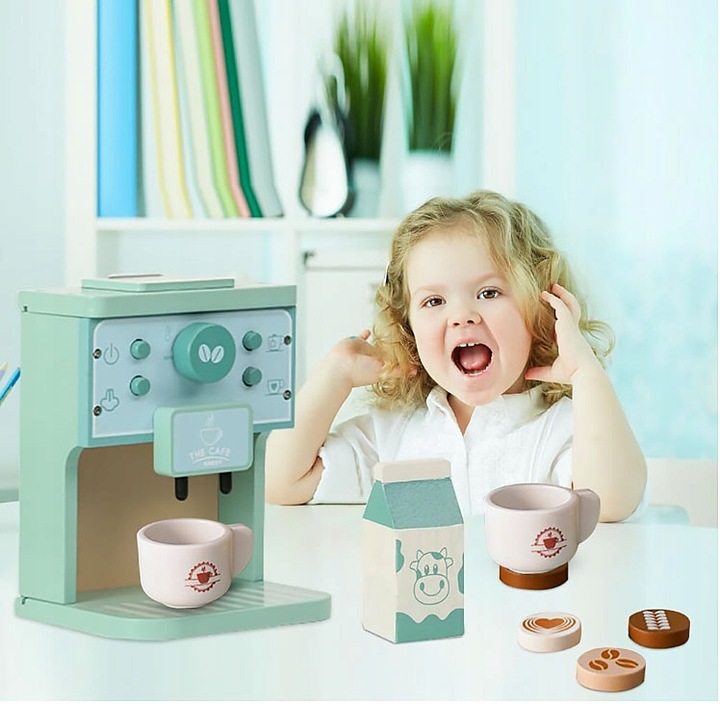 DREWNIANY EKSPRES DO KAWY DLA DZIECI AUTOMAT AGD KAWIARNIA ZESTAW PREZENT