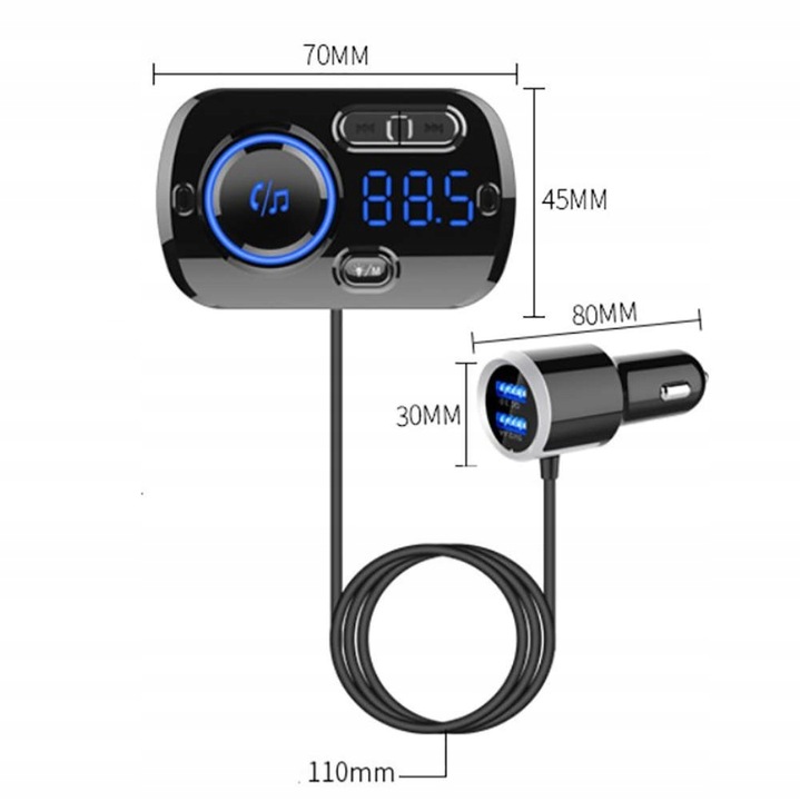 SOLIDNY TRANSMITER SAMOCHODOWY FM BLUETOOTH AUX