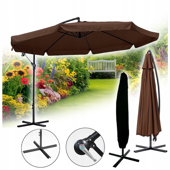 PARASOL OGRODOWY IKAR-BL-BR BRĄZOWY SKŁADANY Z WYSIĘGNIKIEM + POKROWIEC