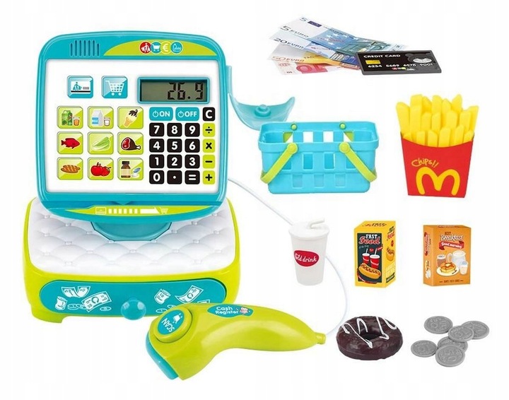KASA FISKALNA SKLEPOWA Z DOTYKOWYM PANELEM KOSZYK DO ZABAWY DLA DZIECI