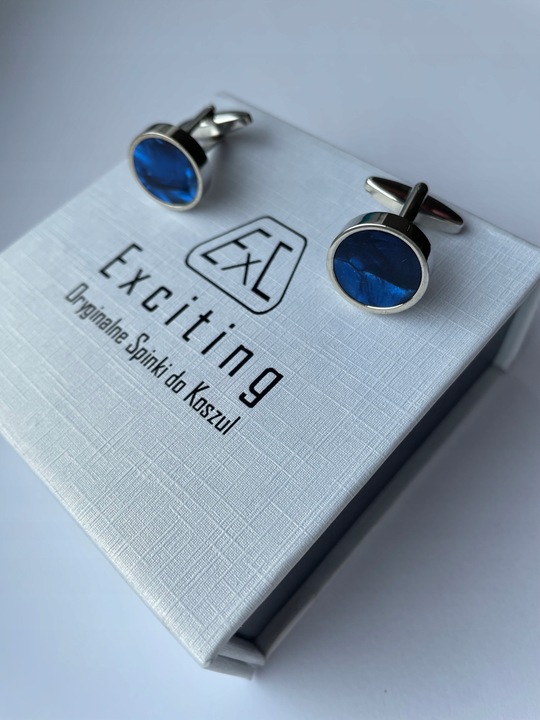 Smokingowe spinki do mankietów EXC Srebrne z Niebieską Masą Perłową + Etui