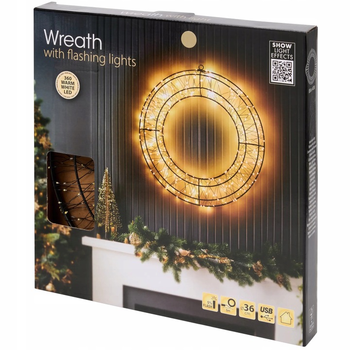 Dekoracja świetlna LED Ø 36 cm Wieniec Koło ledowe wianek świąteczny USB