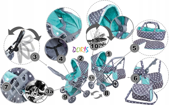 Wózek dla lalek 3w1 SPACEROWY GŁEBOKI + LALKA BOBAS INTERAKTYWNA ZESTAW XXL