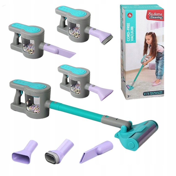 ODKURZACZ PIONOWY ZABAWKA 3 KOŃCÓWKI INTERAKTYWNY DZWIĘK DLA DZIECI RĘCZNY