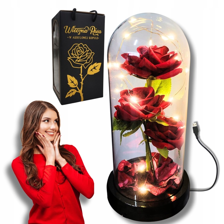 WIECZNA RÓŻA W SZKLE LED JAK PRAWDZIWA KWIATY POMYSŁ NA PREZENT WALENTYNKI