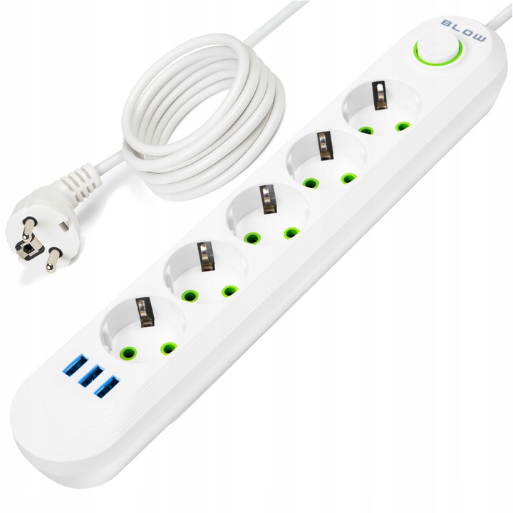 PRZEDŁUŻACZ LISTWA ZASILAJĄCA WŁĄCZNIK 3x USB 5 GNIAZD 5m BIAŁY ŁADOWARKA