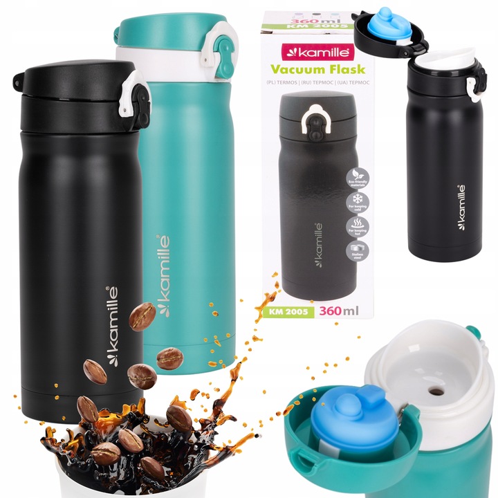 KUBEK TERMICZNY TERMOS STALOWY 100% SZCZELNY pojemny bidon 360 ml KAMILLE