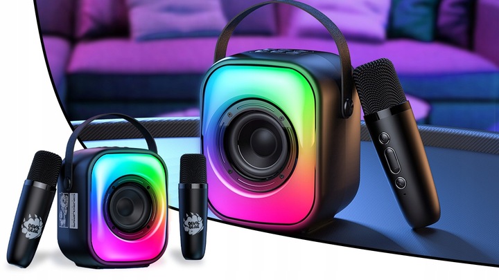 ZESTAW GŁOŚNIK BLUETOOTH PRZENOŚNY KARAOKE RGB 2 MIKROFONY USB SD MINI JACK