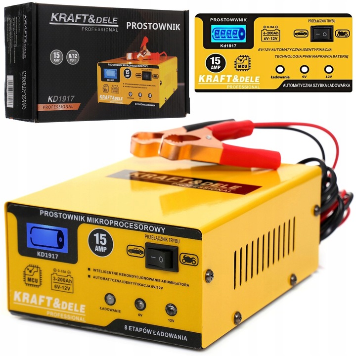 PROSTOWNIK DO AKUMULATORA AKUMULATORÓW 6/12V 15A AGM ŻEL SZYBKA ŁADOWARKA