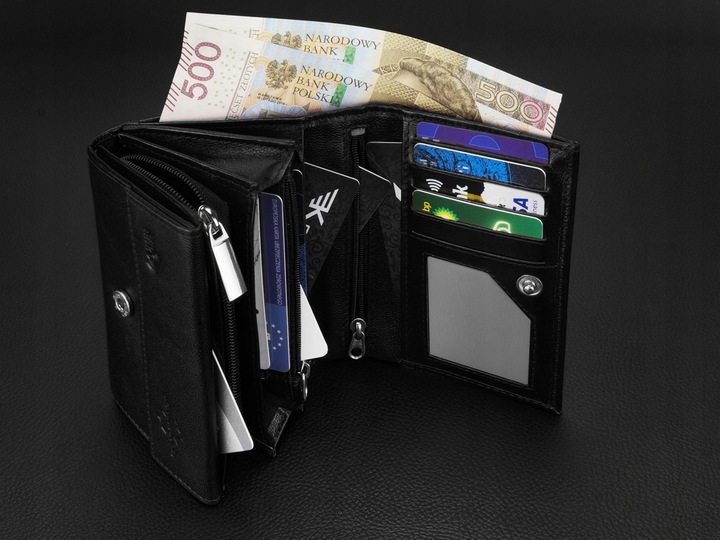 KOCHMANSKI portfel damski skórzany mały czarny na karty dokumenty pojemny