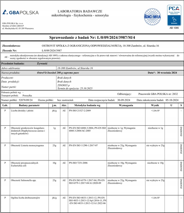 OstroVit Supreme Pure Inositol 200 g MIO-INOZYTOL WITAMINA B8 Bez dodatków