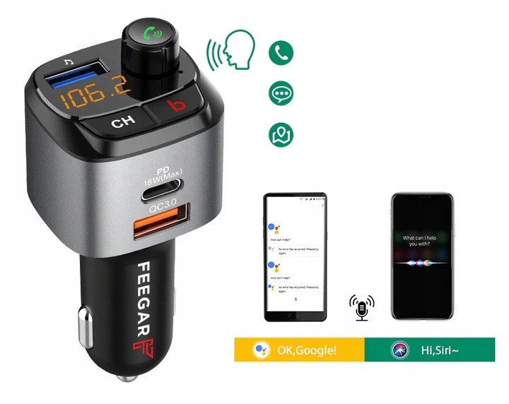 Transmiter FM Bluetooth BT Feegar Szybka Ładowarka QC 3.0 PD MP3 Audio USB