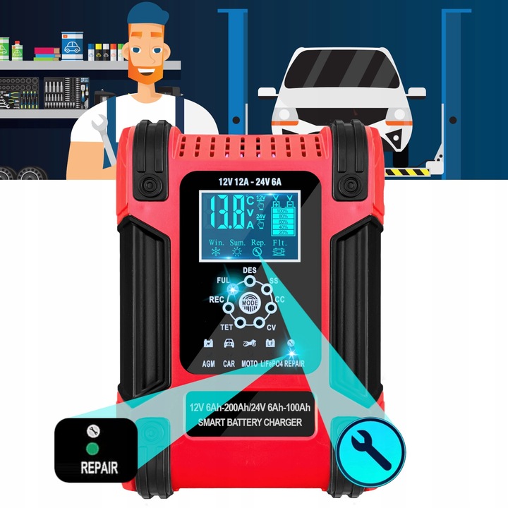 Prostownik SAMOCHODOWY AUTOMATYCZNY Z FUNKCJĄ NAPRAWY AKUMULATORÓW 12V 24V