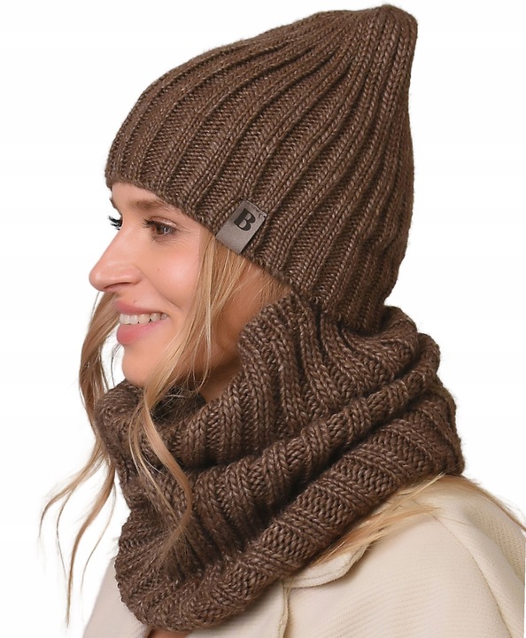 damski Komplet brązowyi zimowy CZAPKA Z KOMINEM ciepły ZESTAW polski Be4