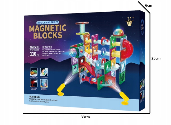 KLOCKI MAGNETYCZNE PANELE 110 EL DUŻY ŚWIECĄCY TOR KULKOWY DLA DZIECI