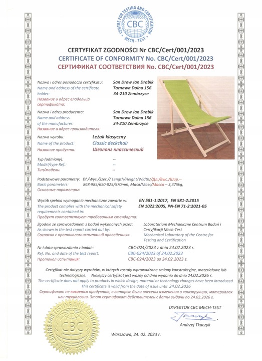 LEŻAK DREWNIANY REKLAMOWY PLAŻOWY BUK CERTYFIKAT KN71